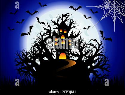 Halloween. The castle is on a hill in the midst of an ominous forest, full moon, night landscape. Flock of bats, cobwebs Stock Vector