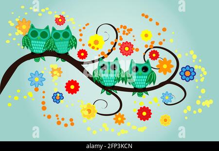 Four green owls, two sleeping, two awake on a fantastic tree branch, decorated with flowers. Stock Vector