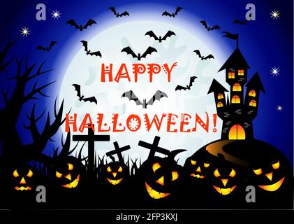 Halloween. Castle on the dais, full moon, night landscape. Silhouettes of crosses, tree branches, a flock of bats Stock Vector