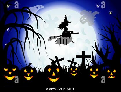 Halloween. The witch flies on a broomstick against the backdrop of a huge full moon. Night landscape, ghosts, pumpkins, jacks Stock Vector