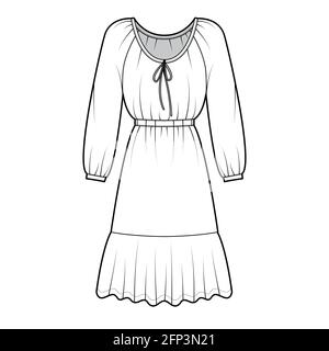 Dress peasant technical fashion illustration with long sleeves, fitted body, knee length peplum pencil skirt. Flat apparel front, white color style. Women, men unisex CAD mockup Stock Vector