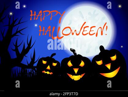 Halloween. Three night landscape, a full moon in the sky, stars, tree silhouettes, grasses Stock Vector
