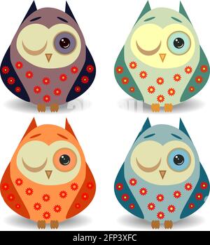 A set of 4 lovely owls with long eyelashes in wreaths of flowers, in different color variations in yellow pots Stock Vector