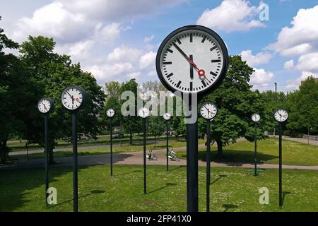Installation 'Zeitfeld' by the artist Klaus Rinke at the entrance to the Volksgarten in the south of Düsseldorf. Stock Photo