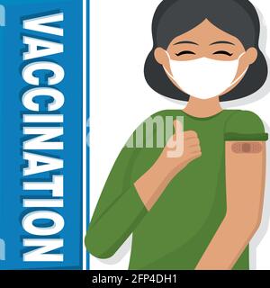 Happy vaccinated woman Vaccination time poster VEctor illustration Stock Vector