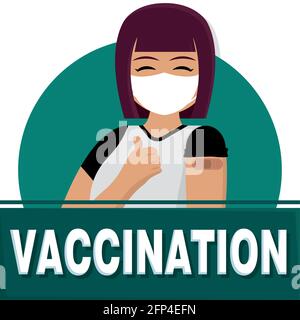 Happy vaccinated woman Vaccination time poster VEctor illustration Stock Vector