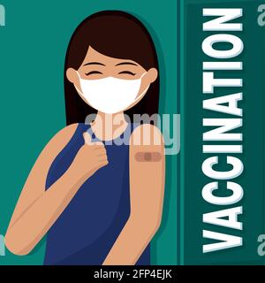 Happy vaccinated woman Vaccination time poster VEctor illustration Stock Vector