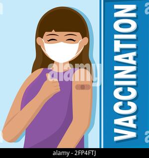 Happy vaccinated woman Vaccination time poster VEctor illustration Stock Vector
