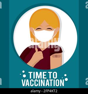 Happy vaccinated woman Vaccination time poster VEctor illustration Stock Vector
