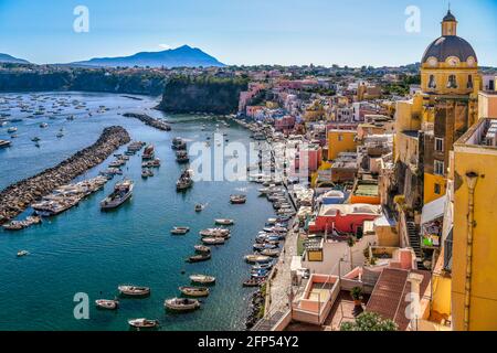 Italy Campania Procida island Panorama on Marina Corricella Stock Photo