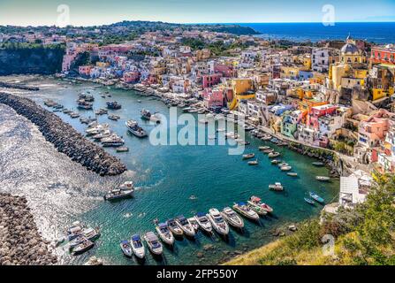 Italy Campania Procida island Panorama on Marina Corricella Stock Photo