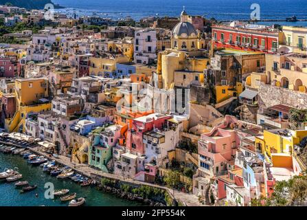 Italy Campania Procida island Panorama on Marina Corricella Stock Photo