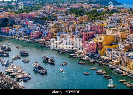 Italy Campania Procida island Panorama on Marina Corricella Stock Photo