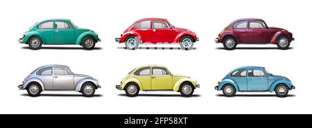 Six classic VW Beatle side view isolated on white background Stock Photo