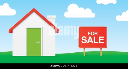 House for sale, horizontal banner vector design. Village house standing on a blue cloudy sky background. Stock Vector