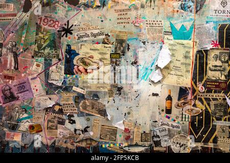 Street art collage by Ale Lauraeus on construction site fence during Hotel Torni renovation in Helsinki, Finland Stock Photo