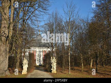 Landscape with panoramic view of Steinbichler Café Pavillon on the grounds of the 17th century Baroque Schloss Eggenberg in Graz, Austria. Stock Photo