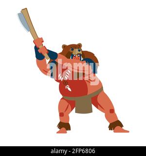 Bear monster. American Indian in animal bear monster costume at battlefield. Native peoples of America. Male cartoon character isolated on white Stock Vector