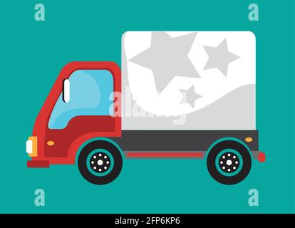 Vector illustration of tiny cargo truck over blue background. Stock Vector