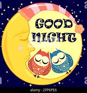 Good night. A postcard with a dozing crescent, two lovely cartoon owls and text. Stock Vector