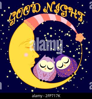 Good night. A postcard with a dozing crescent, two lovely cartoon owls and text. Stock Vector