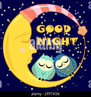 Good night. A postcard with a dozing crescent, two lovely cartoon owls and text. Stock Vector