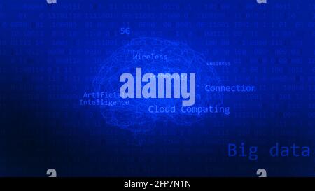 Artificial Intelligence, big data and cloud computing digital concept with brain shape. Tech blue background. Stock Photo