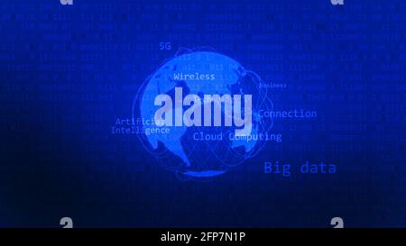Connect artificial Intelligence digital concept with world shape. Big data blue background. Stock Photo