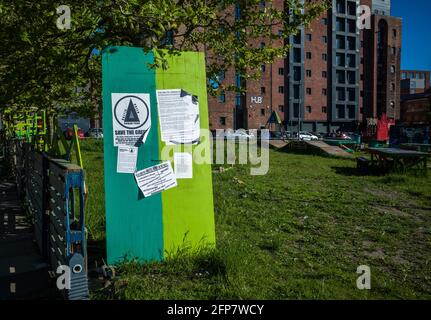 Liverpool May 19th  2021. Sign asking for ideas on what type of use  people want for the Baltic Green, a public space under thret in Liverpool, the Ba Stock Photo