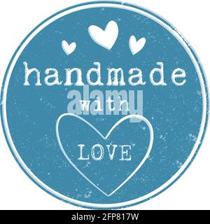 blue round grungy HANDMADE WITH LOVE label or stamp with hearts isolated on white vector illustration Stock Vector