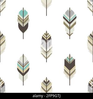 Seamless ethnic geometric pattern with feathers of wild birds on white background. Indian ornament. Decorative boho wallpaper. ornament for print. Vec Stock Vector