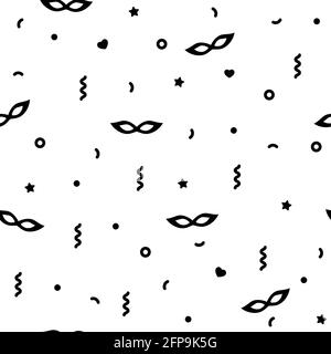 Masquerade black ornament with masks, stars and confetti on white background. Carnival, party, celebration pattern. Theater wallpaper Stock Vector