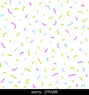 Seamless abstract pattern of little shabby scratches or spots on white. Memphis style. Grained surface. Vector texture with colorful confetti particle Stock Vector