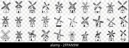 Windmills during work doodle set. Collection of hand drawn various windmill working on energy and power in rows isolated on transparent background  Stock Vector