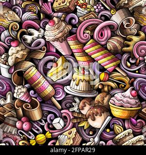 Cartoon doodles Desserts seamless pattern. Stock Vector