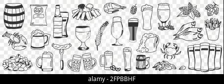 Beer and snacks doodle set. Collection of hand drawn various appetizers shrimps chips crab fish sausage nuts for beer drinks in rows isolated on transparent background  Stock Vector