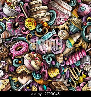 Cartoon doodles Desserts seamless pattern. Stock Vector