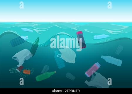 Plastic waste in the ocean. Plastic bottles, bags and other debris float underwater in the ocean. Environment concept. Vector illustration Stock Vector