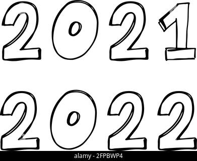 2022 2021 Numbers Made with Vector Doodle Brushe. Hand Drawn New Year Ink Two and Zero Number, Sketch Figures Stock Vector