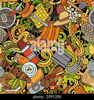 Picnic hand drawn doodles seamless pattern. BBQ background. Stock Vector