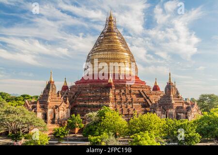 Dhammayazika Pagoda in Bagan, Myanmar. Pagoda is under a scaffolding because of repairs after the earthquake of 2016. Stock Photo