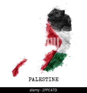 Palestine flag watercolor painting design . Country map shape . Vector . Stock Vector