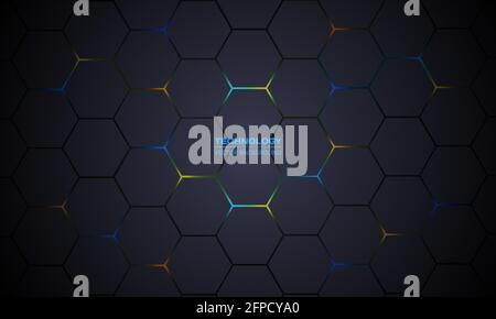 Dark gray hexagonal technology vector abstract background. Multicolored bright energy flashes under hexagon in modern technology futuristic background Stock Vector