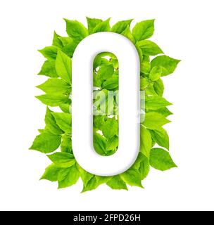 Number zero with green leaves background. Creative spring concept. Shape number one Stock Photo