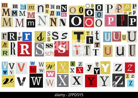 Ransom note alphabet Paper cut letters M-Z. Old newspaper magazine cutouts Stock Photo