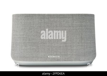 STARIY OSKOL, RUSSIA - MAY 19, 2021: Harman Kardon modern luxury bluetooth speaker with voice control isolated on white background Stock Photo