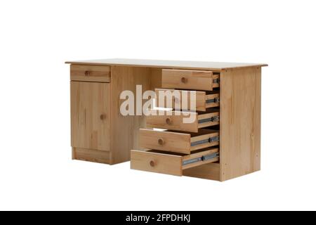 Classic desk with drawers, side view, isolated on a white background ...