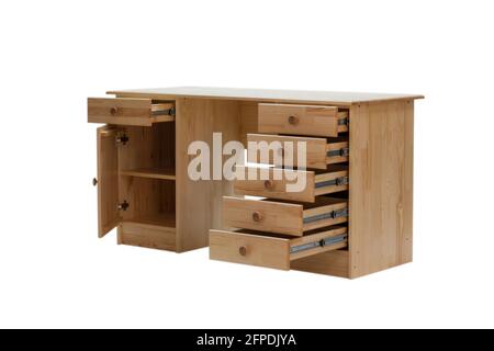 Classic desk with drawers, side view, isolated on a white background ...