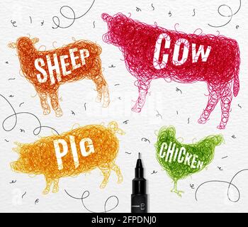 Pen hand drawing tangle wild animals chicken, cow, pig, sheep,  with inscription names of animals drawing with color ink on paper background Stock Vector