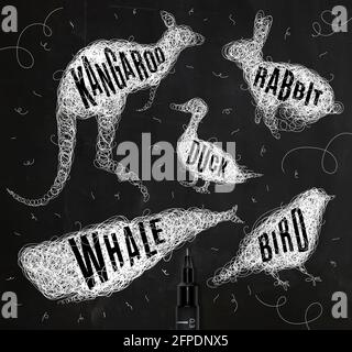 Pen hand drawing tangle wild animals duck, whale, bird, rabbit, kangaroo with inscription names of animals drawing with white ink on black background Stock Vector